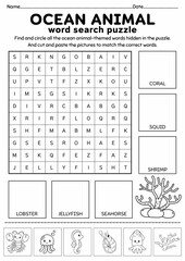 Ocean Animal Word Search Puzzle for Kids, Cut and Paste Activity, Printable Puzzle Game, Vocabulary Worksheet, Summer Activity, Brain Game
