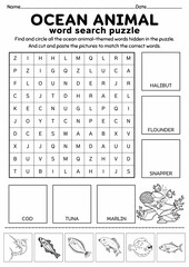 Ocean Animal Word Search Puzzle for Kids, Cut and Paste Activity, Printable Puzzle Game, Vocabulary Worksheet, Summer Activity, Brain Game