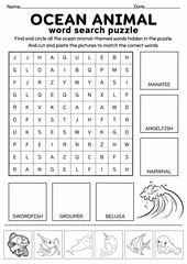 Ocean Animal Word Search Puzzle for Kids, Cut and Paste Activity, Printable Puzzle Game, Vocabulary Worksheet, Summer Activity, Brain Game