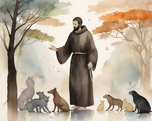 rapresentation of saint francis of assisi while talking to wild animals, watercolor style painting