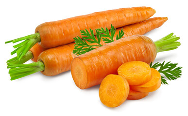 sliced carrot with green leaves isolated on white background. clipping path