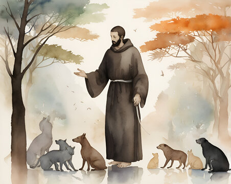 rapresentation of saint francis of assisi while talking to wild animals, watercolor style painting