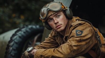 Naklejka premium A soldier in vintage military gear gazes thoughtfully into the distance. His expression reflects determination and bravery. A story of courage unfolds. Generative AI