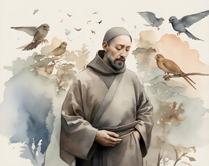 rapresentation of saint francis of assisi while talking to wild animals, watercolor style painting