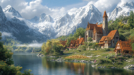 Obraz premium Picturesque alpine village nestled beside a serene lake, surrounded by snow-capped mountains, vibrant autumn foliage, and charming buildings.