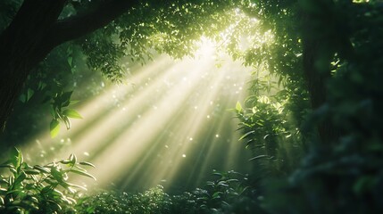 A serene forest scene with sunlight filtering through lush greenery.