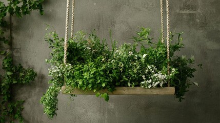 Hanging planter made of wooden planks suspended from two ropes. the planter is filled with various types of plants, including green leaves, white flowers, and small white flowers.