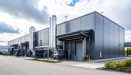 Fototapeta premium A modern manufacturing plant with metal exterior and large exhaust vents