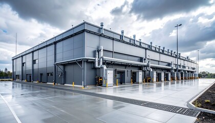 A modern manufacturing plant with metal exterior and large exhaust vents