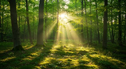 Obraz premium Sunlight streams through a lush forest (1)