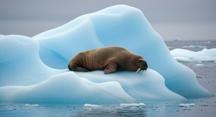Fototapeta premium Walrus resting on a large ice floe