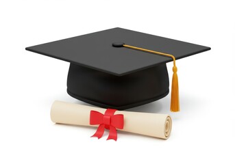 Graduation Cap and Diploma Award Scroll on White Background