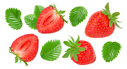 Sliced strawberry with green leaf isolated on white background. clipping path