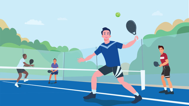 Athletes playing  pickleball on outdoor courts using rackets and balls. 