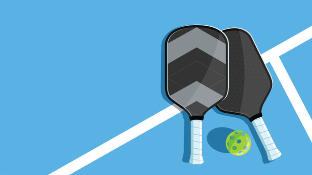 Pickleball racket paddle and a ball laying on the blue court. Cartoon illustration.