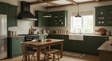 Fototapeta premium Rustic kitchen design with dark green cabinetry and natural wood accents