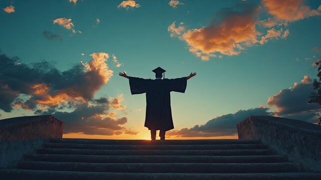Silhouette of graduate celebrating on steps at sunset.