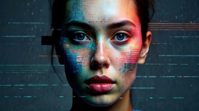 A glitch-styled human face merges with code and distortion, revealing layers of digital identity and data fragmentation.