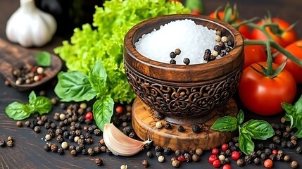 Fototapeta premium Salt, pepper, herbs, tomatoes, cooking