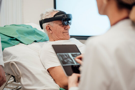 Doctor using AI technology to examine a patient in a medical office