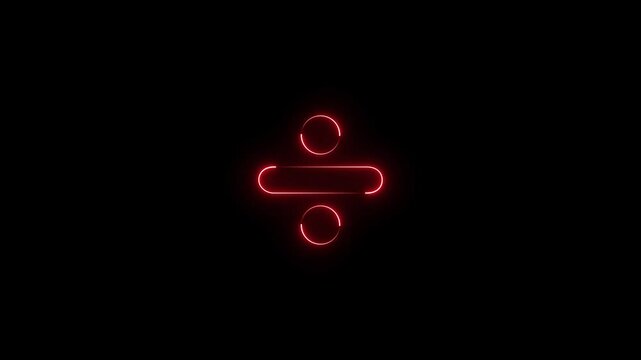 glowing neon light division sign animation icon symbol on black background. Neon math symbols divide icon animation concept