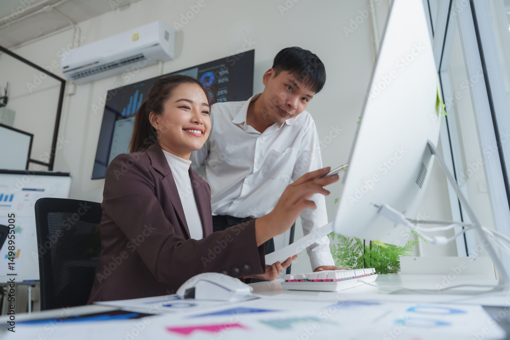 Poster business people working and discussing using desktop computer in office
