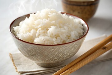 Hot Steamed Rice in Traditional Japanese Bowl