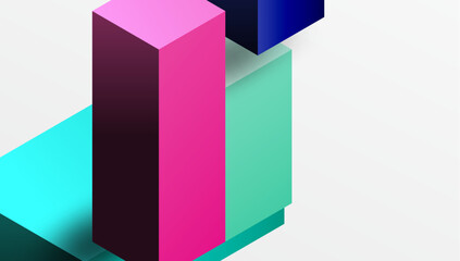 Abstract geometric shapes overlap, creating vibrant layered composition. Pink, teal, navy hues dominate minimalist design.