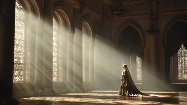 Queen esther in the vacant royal palace, bathed in sunlight from the glimmering windows