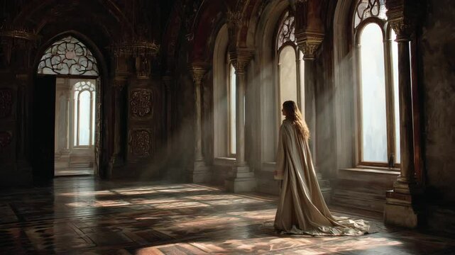 Queen Esther in the empty royal palace, sunlight through the windows