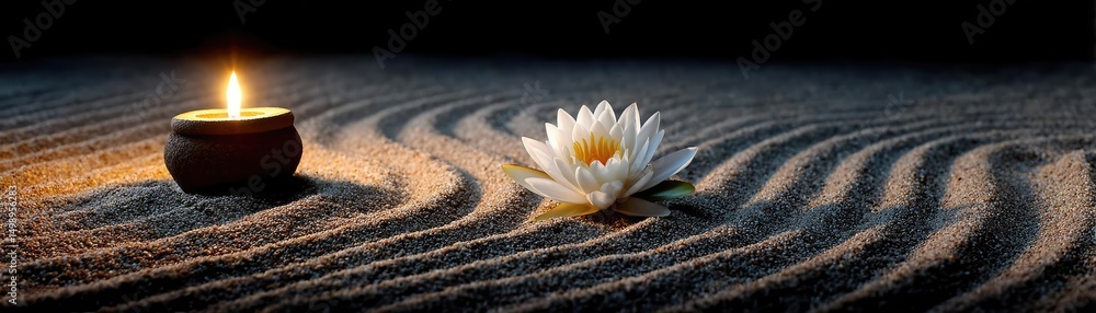 Poster raked sand patterns in tranquility with lantern and lotus concept. a serene scene featuring a lotus 
