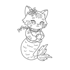 Coloring page to print with kitten mermaid. Little mermaid cat and big pearl for coloring. Kawaii sea animal. Educational coloring book
