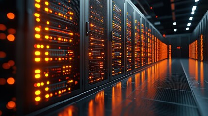 Server racks, glowing lights, data center