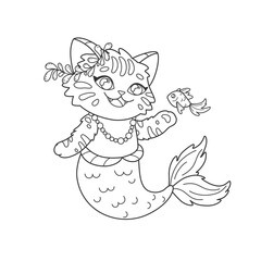 Little mermaid cat coloring page to print. Cute underwater characters for coloring book. Sweet kitten mermaid in pearl beads with fish