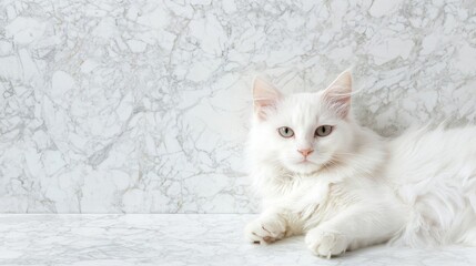 Close-up of a white cat lying on a white marble surface. the cat is lying on its side with its head resting on its front paws and its body stretched out in front of it.