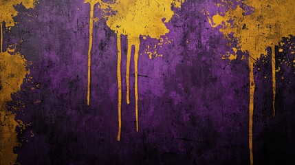 Vibrant Purple and Gold Grunge Texture with Drips and Splashes