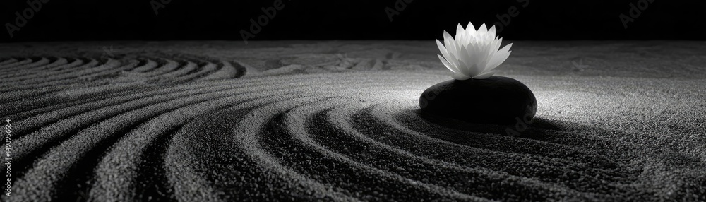 Aufkleber Raked sand patterns in tranquility with lantern and lotus concept. A serene black and white composition of a flower on a stone.