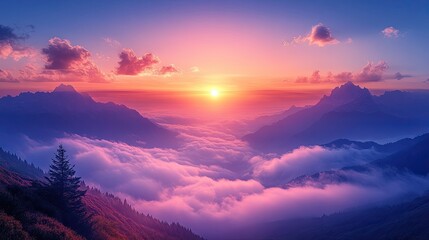 Obraz premium Majestic sunset over misty mountain range