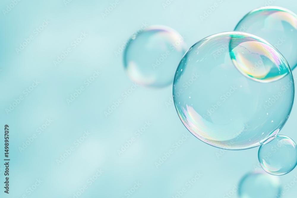 Aufkleber soap bubbles floating on a blue background with light and reflections