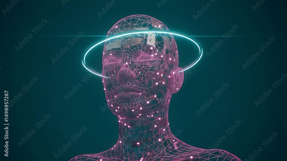 Poster abstract wireframe head with glowing ring on dark turquoise background representing futuristic techn