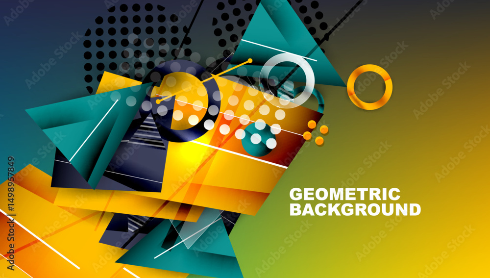 Poster abstract geometric composition. vibrant colors blend, creating dynamic visual experience. shapes ove