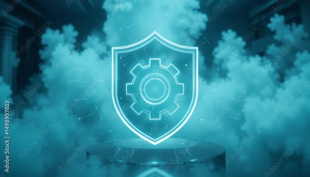 Poster cybersecurity shield action digital realm graphic design cloud environment futuristic view data prot