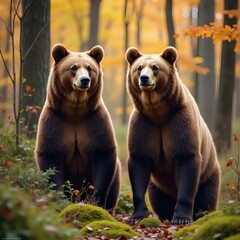 Obraz premium Two Brown Bears Standing Alert in a Lush Forest