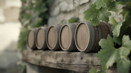Oak Barrels Display: A collection of wooden oak barrels rests serenely on a rustic wooden shelf, nestled against a backdrop of a weathered stone wall. The scene is embraced by verdant grape vines.