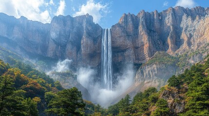 Fototapeta premium Majestic waterfall cascades down mountain, autumn foliage, mist