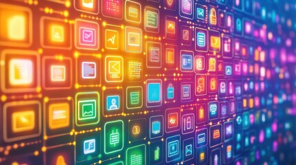 Colorful digital technology icons abstract interface. Modern apps and network software create a vibrant digital grid. Network interface, modern software, and abstract icons form a colorful technology