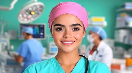 Confident nurse medical team hospital portrait. Nurse in scrubs, professional staff in hospital. Healthcare treatment and doctor support, modern clinical environment, ideal for medical wellness