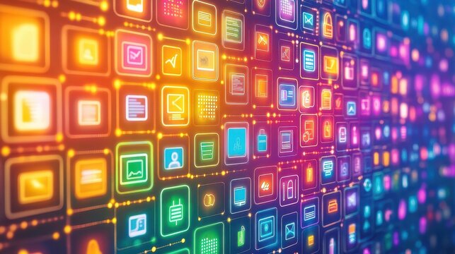 Colorful digital technology icons abstract interface. Modern apps and network software create a vibrant digital grid. Network interface, modern software, and abstract icons form a colorful technology