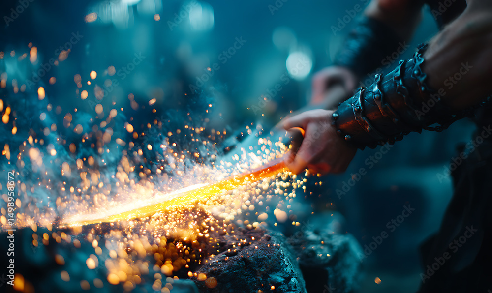 Poster a blacksmith forging steel, creating sparks and showcasing craftsmanship in a dynamic setting.