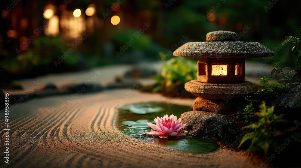 Poster raked sand patterns in tranquility with lantern and lotus concept. a serene stone lantern by a tranq
